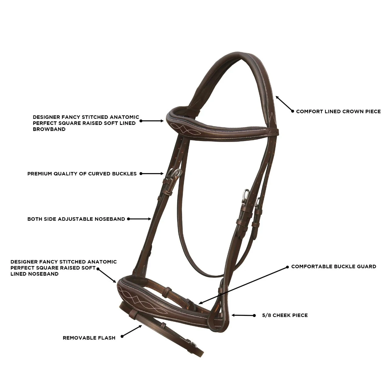 Fancy Stitched Raised Anatomical Bridle in all Sizes made with High Quality Vegetable Tanned Leather for Farm Race Stable