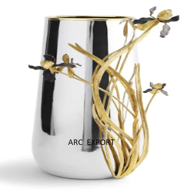 Antique Modern Black Brass Metal Flower Vases and Pots With Leaf Decoration Gold Color Base For Home Wedding Events Decoration