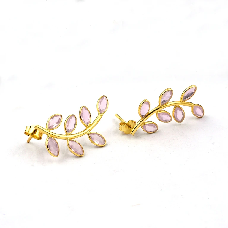Gold Plated Rose quartz Chandelier Earrings Handmade Jewelry Low Price Sterling Silver Trendy 10 Pairs