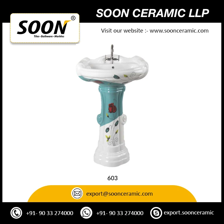 Indian Export Quality Fancy Style Ceramic Pedestal Wash Basin for Bathroom and Living Room Application