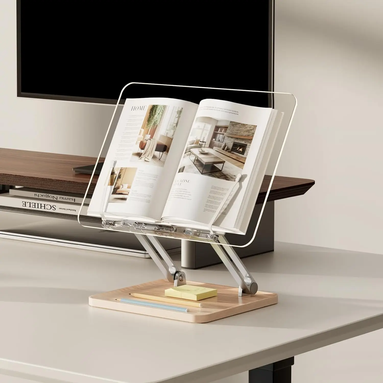 Adjustable Foldable Desktop Riser for Laptop Acrylic Book Stand Holder for Reading with Pen Slot with Page Clips
