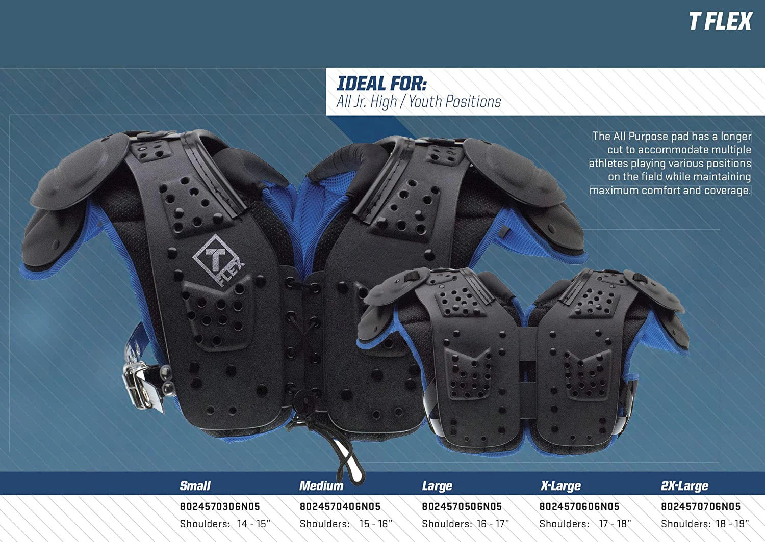 American Football T-Flex Youth Shoulder Pad high-impact dual density foam protection for heavy hitting football player in game