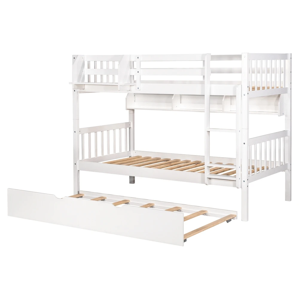 TWIN BUNK BED WITH SHELF + TRUNDLE High Quality Bunk Bed Sturdy Wood Frame Double Deck Bed With Large Storage