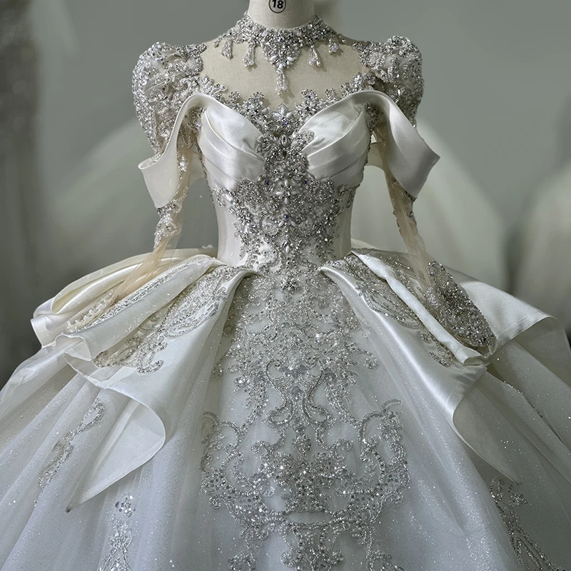 Jancember XS012 Luxury High Neck Long Sleeve Beading Ball Gown Satin Wedding Dresses