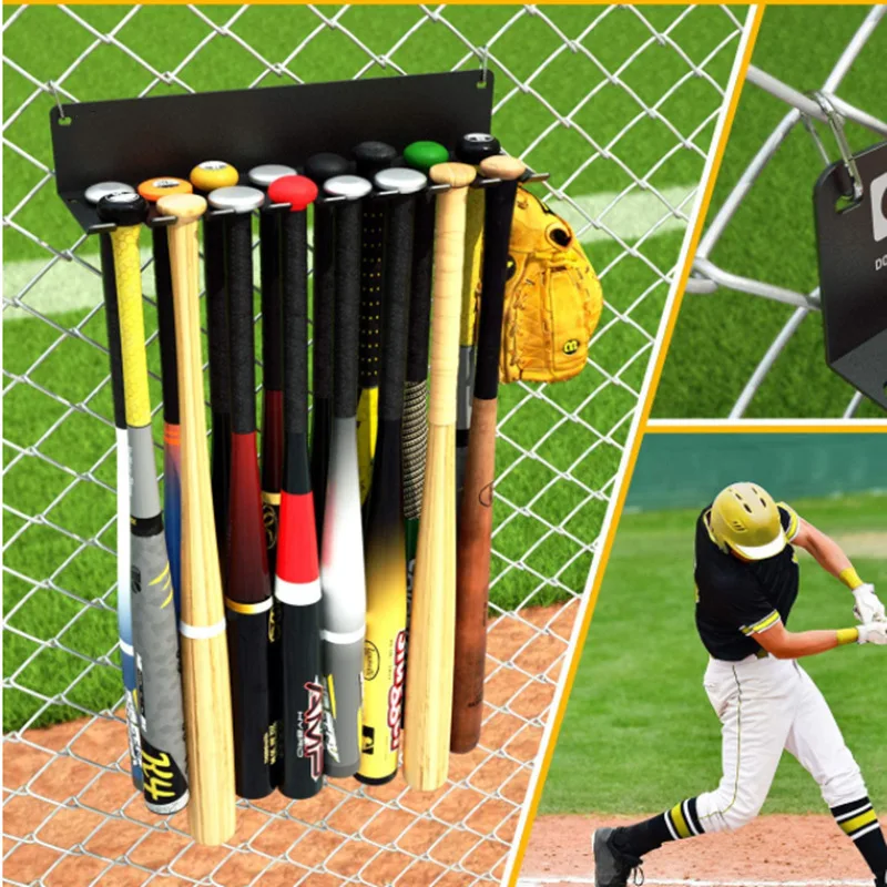 Wall Mount Baseball Bat Holder, 8 Prongs Heavy Duty Steel Bat Rack Holds 14 Bats, Baseball Softball Bats Organizer on Dugout Fen