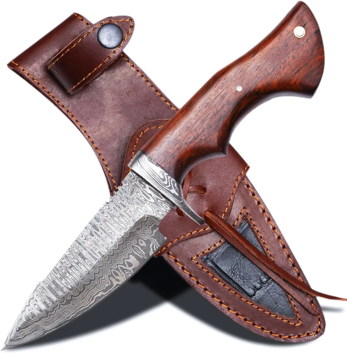 Damascus steel knife hunting knife camping knife drop shipping with leather sheath whole sale gut hook 2024