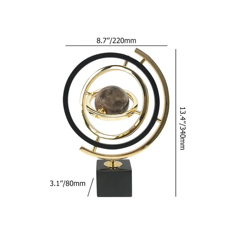 Modern Abstract Metal Black & Gold Globe Ornament Sculpture Decor with Rectangle Stand