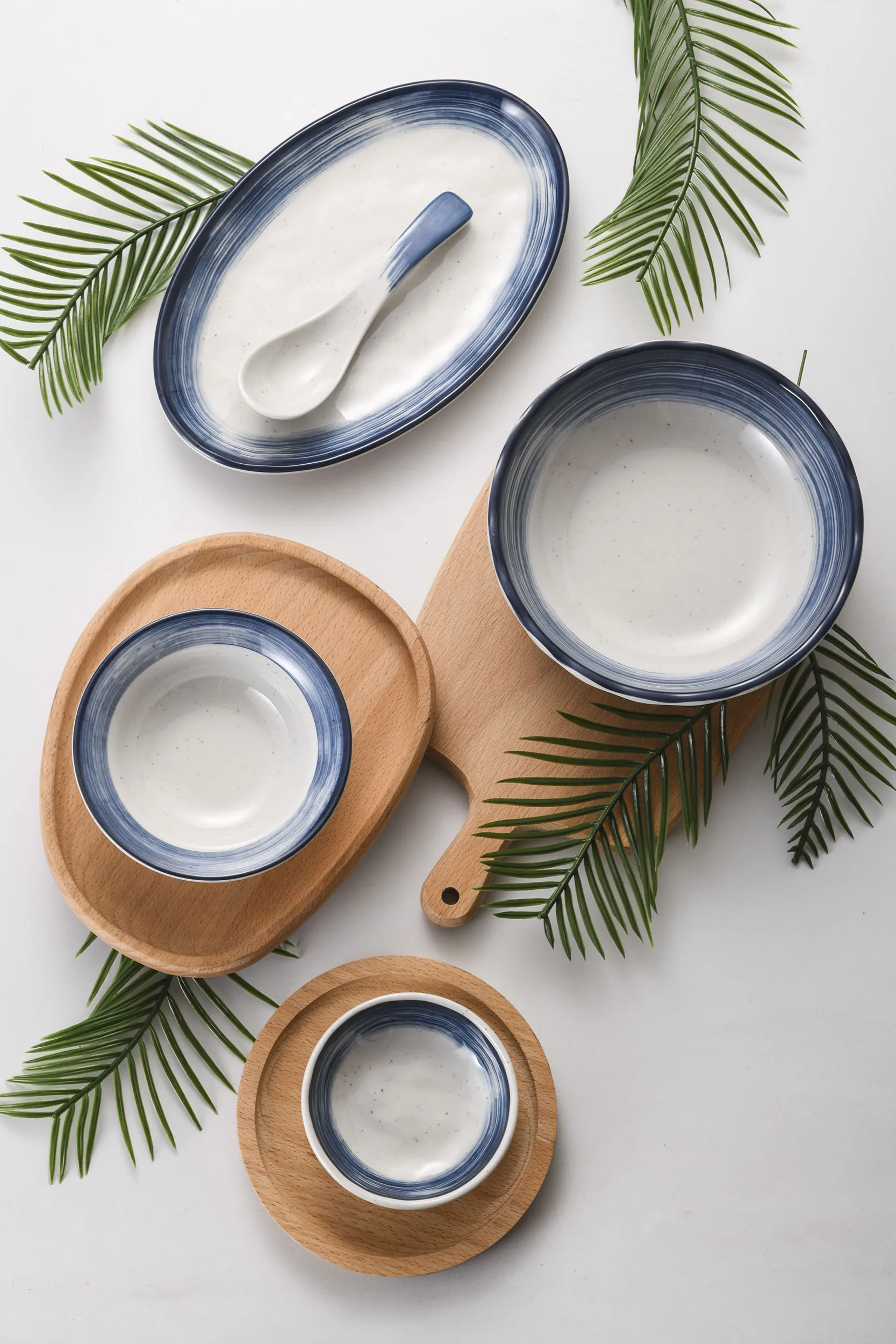 13 Inch Blue Lines Pattern Oval Plate Melamine Plate For Thailand Food Buffet Restaurant Sea Food Fish Serving Plate