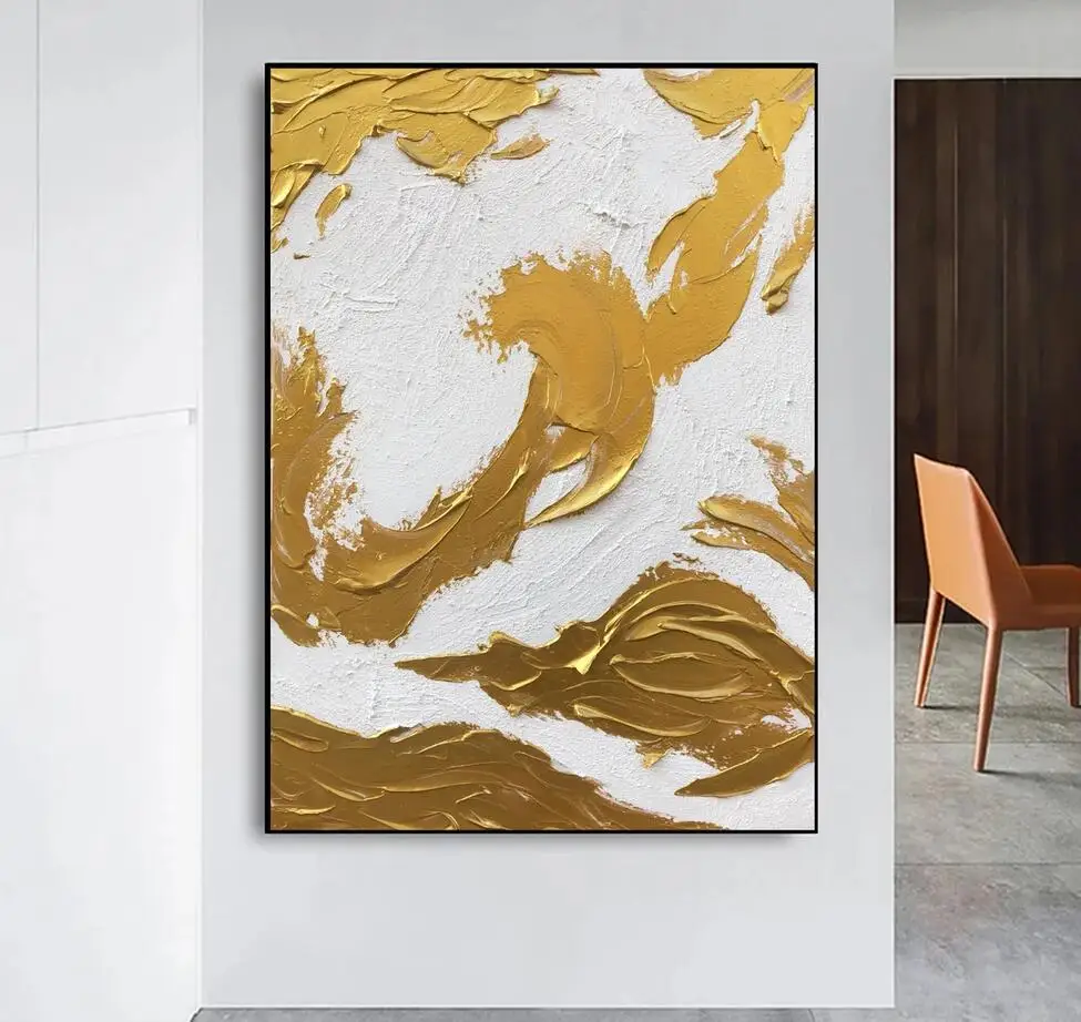 Large Minimalist Gold Oil Painting on Canvas Modern Gold Foil Texture Acrylic Painting Living Room Wall Art Home Deco