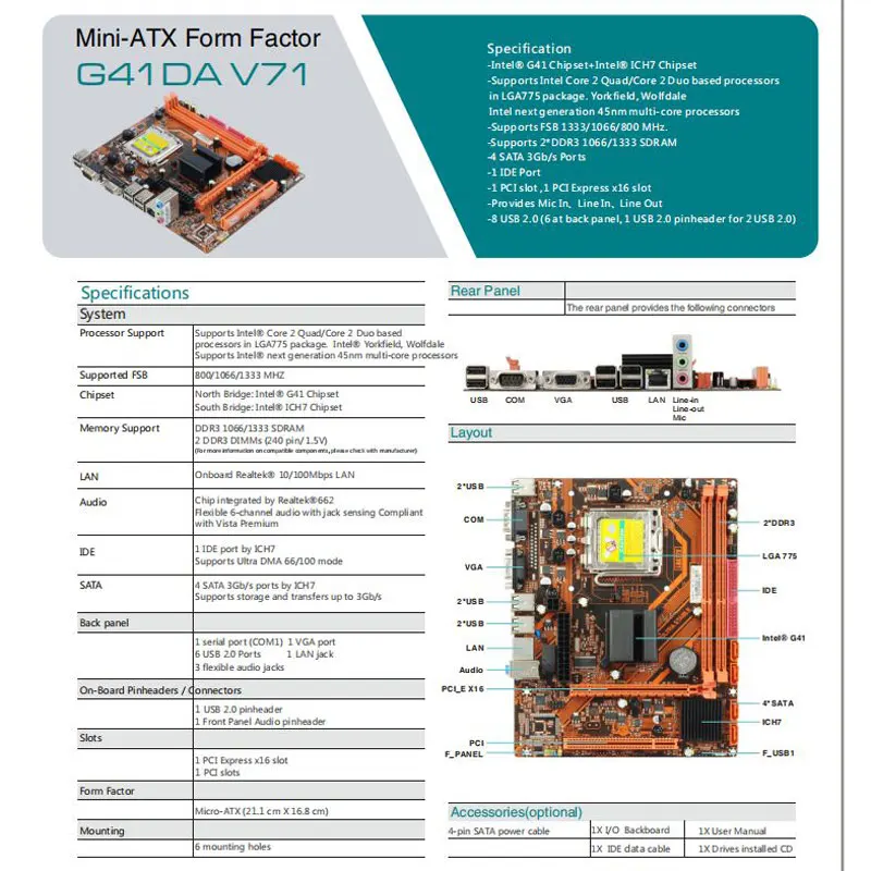 Esonic Motherboard G41 Mini-ATX  DDR 3 Supports Intel Core 2 Quad/Core 2 Duo LGA 775