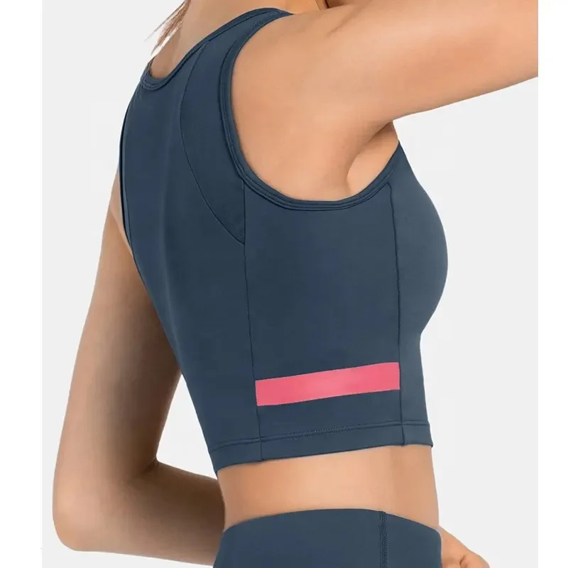 2024 Custom Women Solid Color Knit Dew Shoulder Basic Vest Womens >Womens Crop Tank Tops High Neck Workout Running Sports Bra