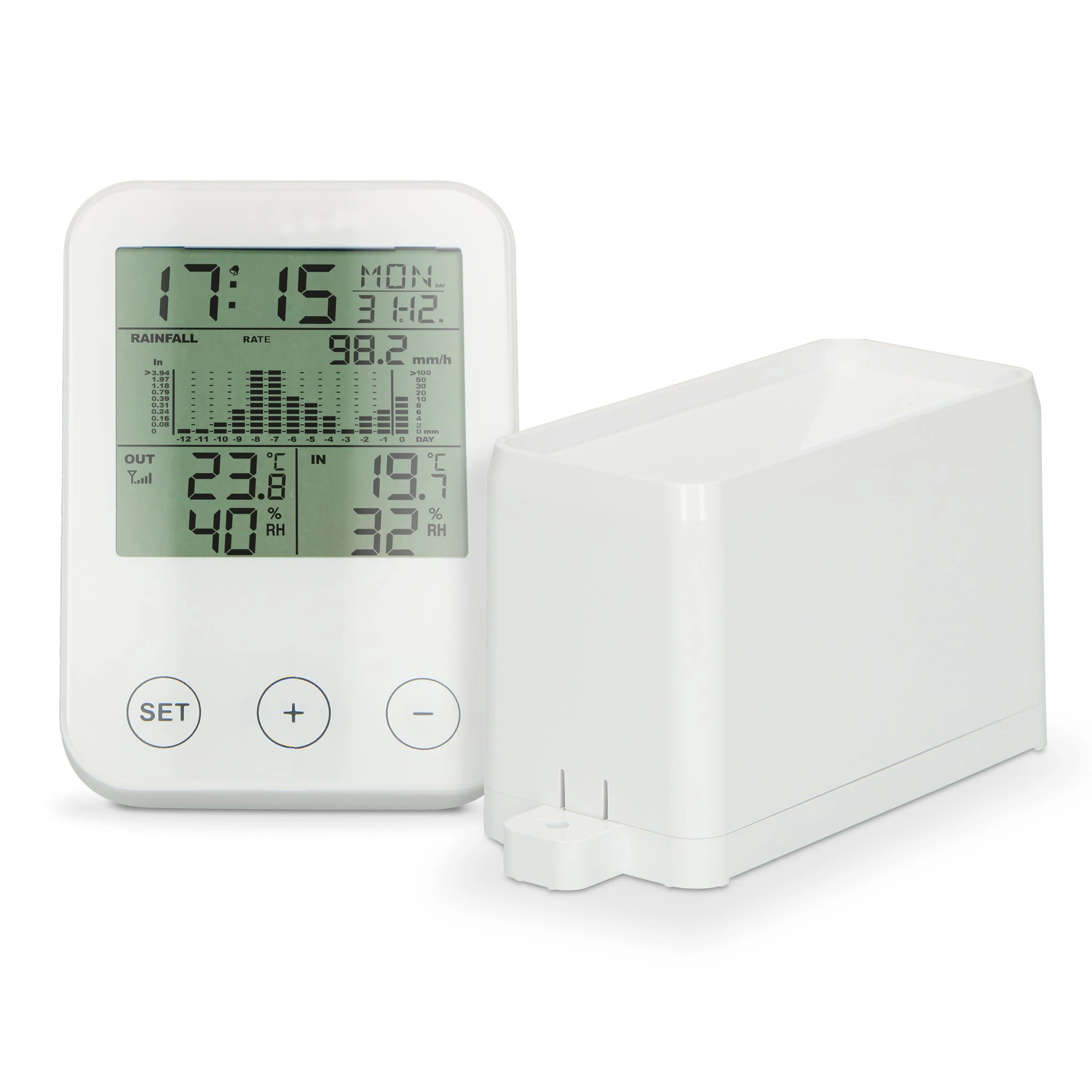 Wireless Digital Rain Gauge with Self-Emptying Rain Collector with Rainfall History Alerts Current Date and Time Touch Buttons