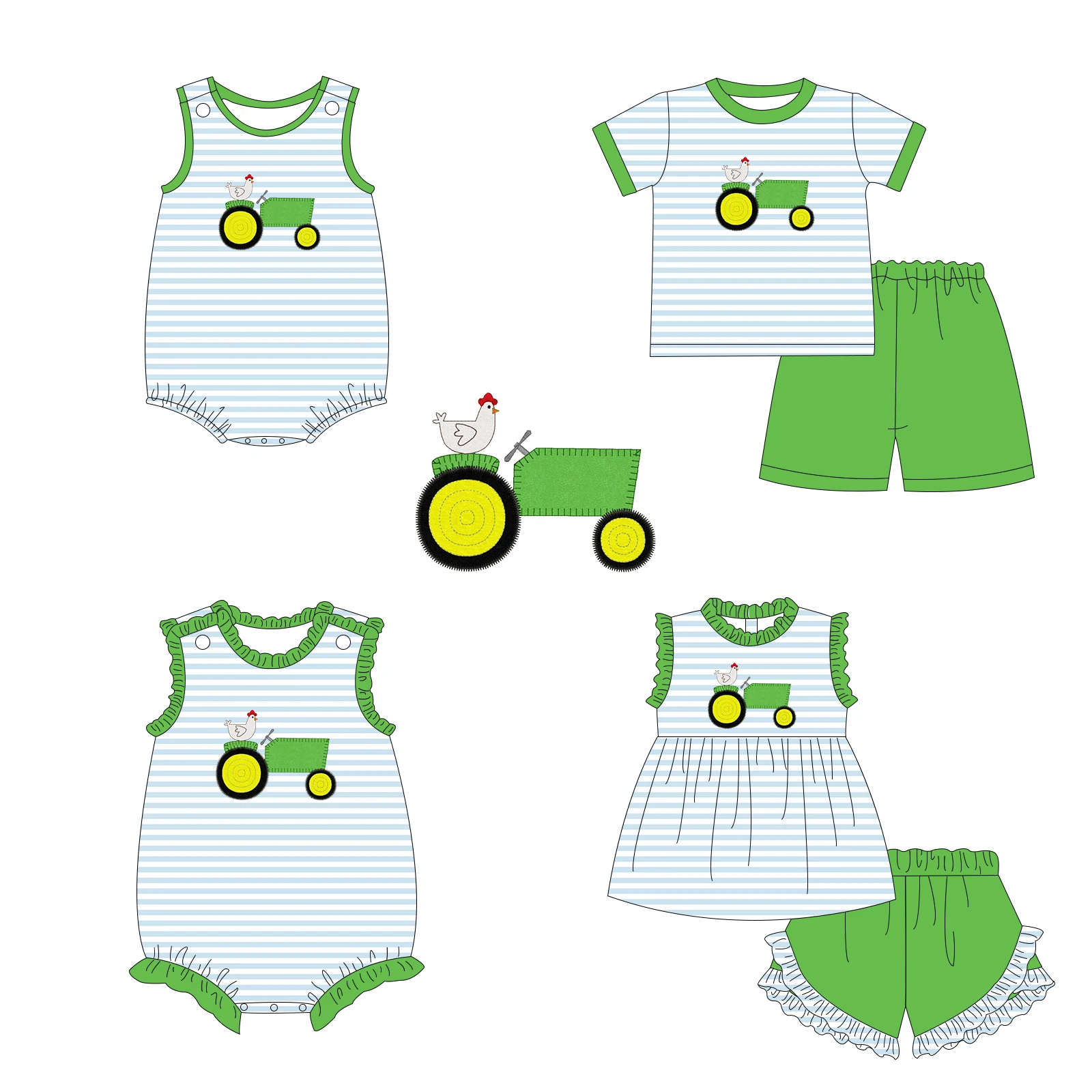 Custom new design tractor farm set boy and girl applique stripe print set boutique embroidery baby sleeveless romper