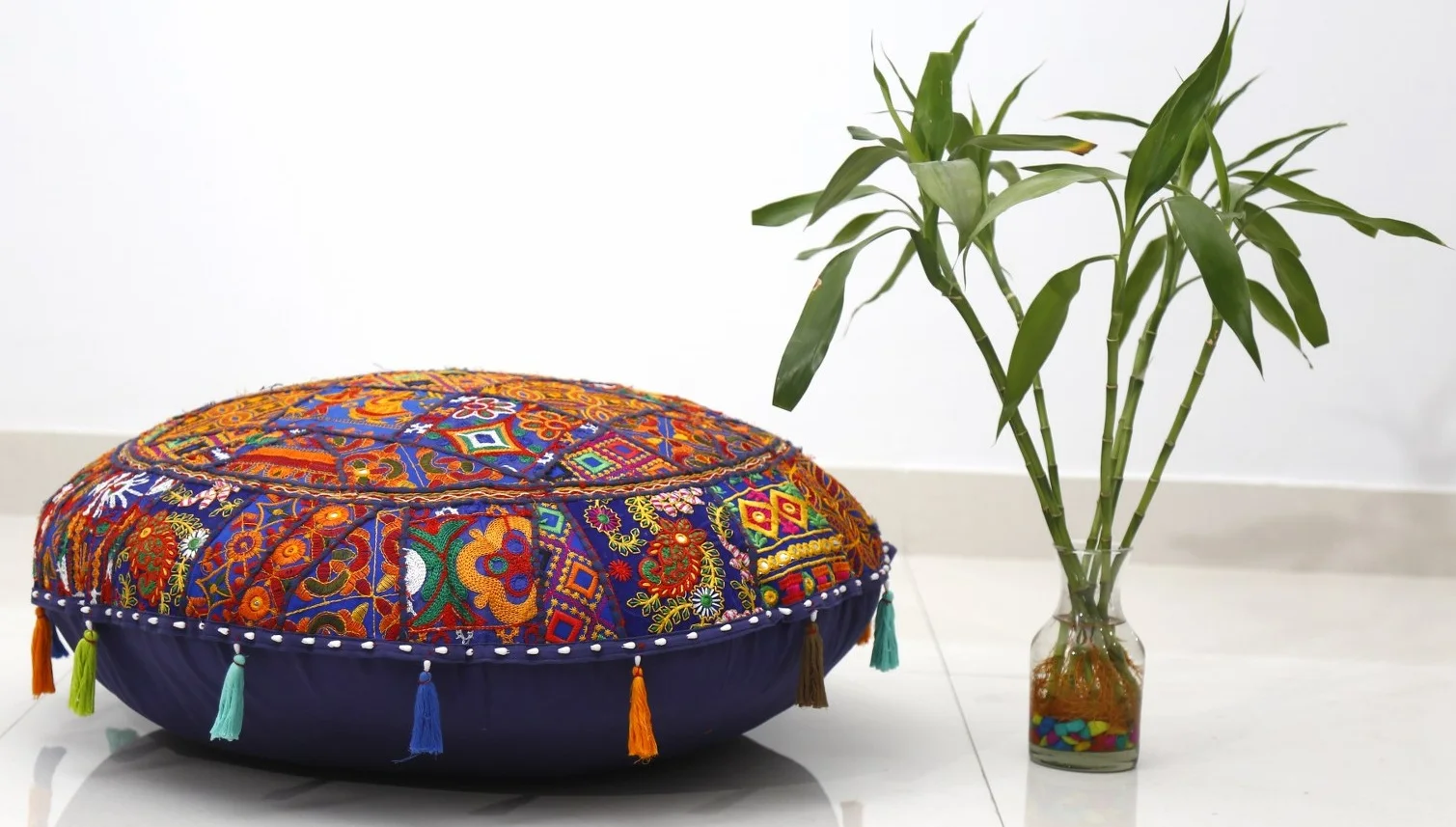 Indian Patchwork Floor Cushion Cover Handmade Gujarati Round Pillow Cover Embroidered Large Living Room Decor Pillow Cover