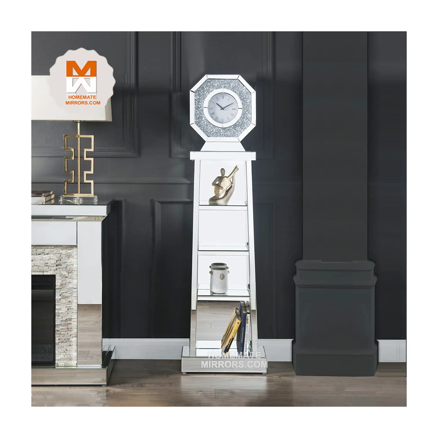 Большие зеркальные напольные часы с искусственными измельченными бриллиантами