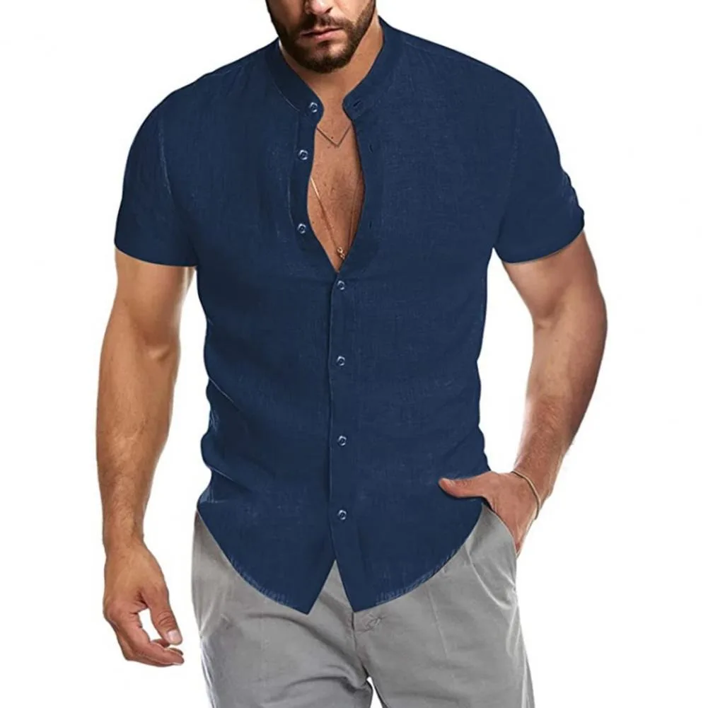 Linen Men Shirt summer 2022 Stand Collar Short Sleeve Beach Shirt V Neck Pocket Men Shirt