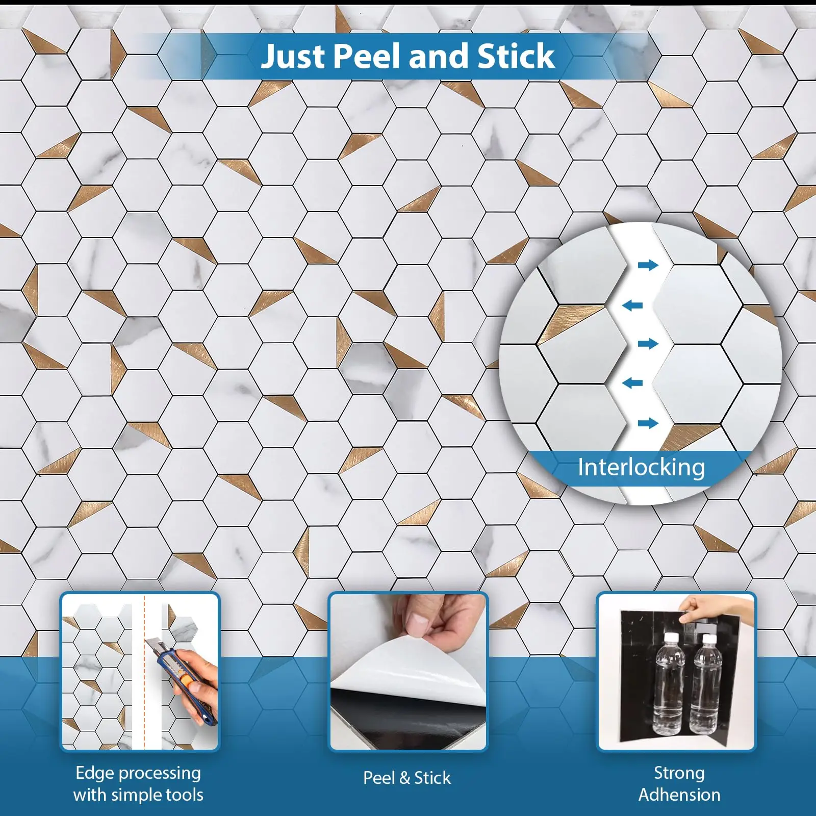 Peel and Stick Backsplash Tile, Stick on Backsplash, Hexagon Marble Look PVC Mixed Metal Gold Self Adhesive Metal Mosaic Tiles