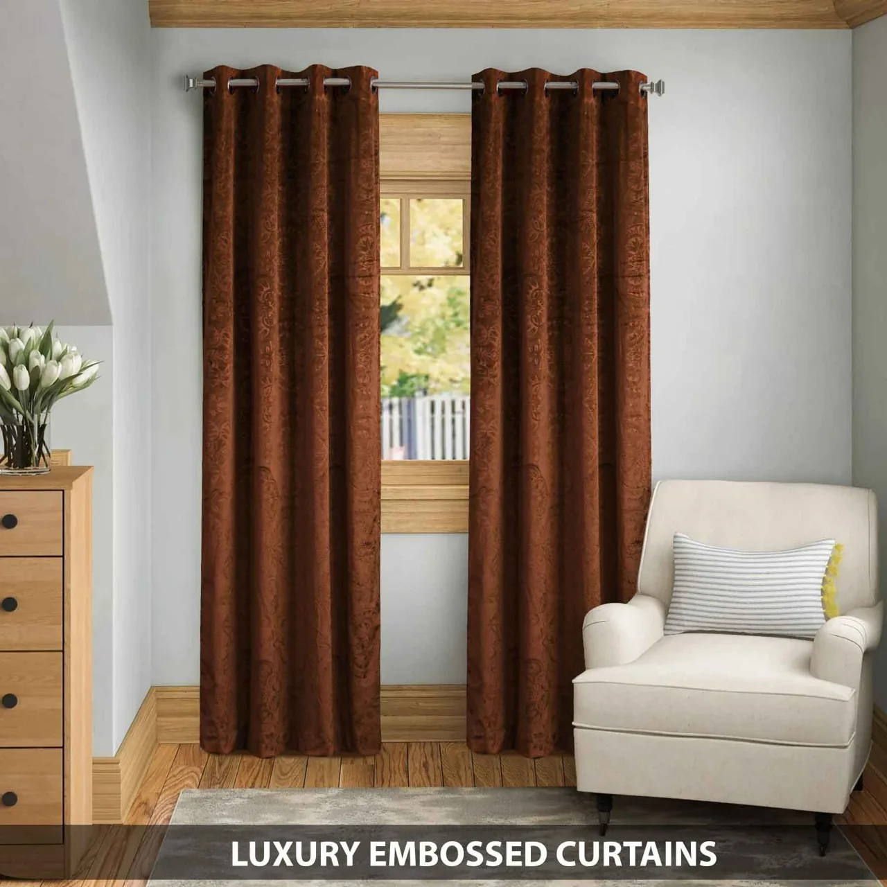 Factory Direct Supplier Traditional Curved Embossed Velvet Curtains Brown single panel look modern yet have a classical touch