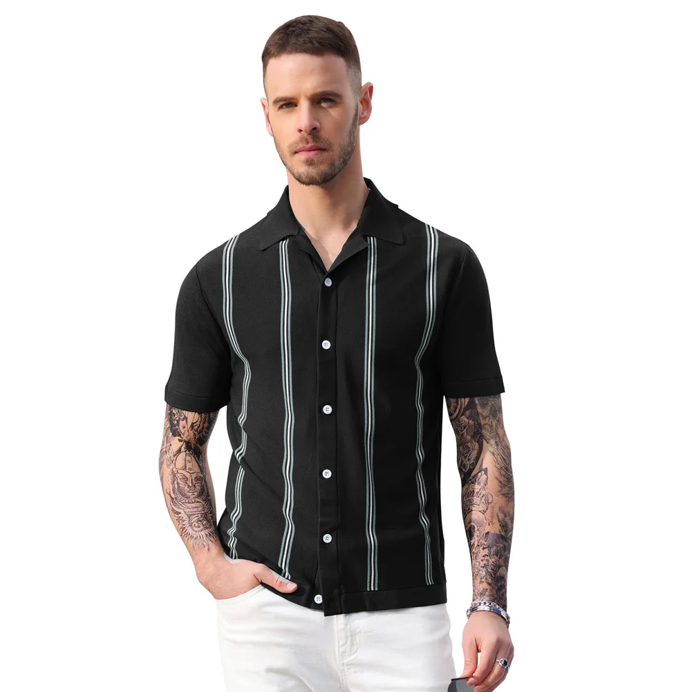 Men Contrast Color Cardigan Lapel Vintage Knitted Top Short Sleeve Sweater Men