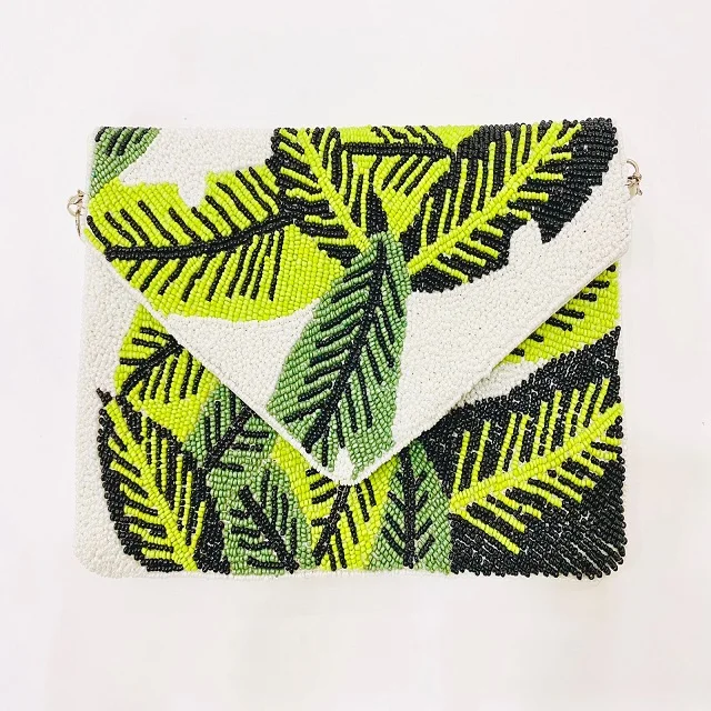 Antique Gretta Gray Camo Beaded Cross Body Chained Clutch Indian Handcrafted Camouflage Print Crystal Beaded Sling Clutch