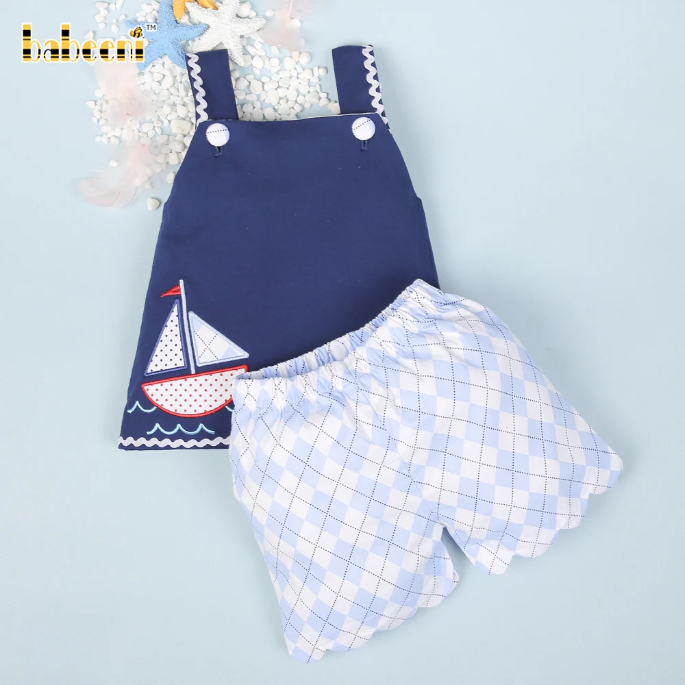 Rhombus navy baby set clothing OEM ODM girls clothing sets customized hand embroidery wholesale manufacturer Vietnam - BB2728