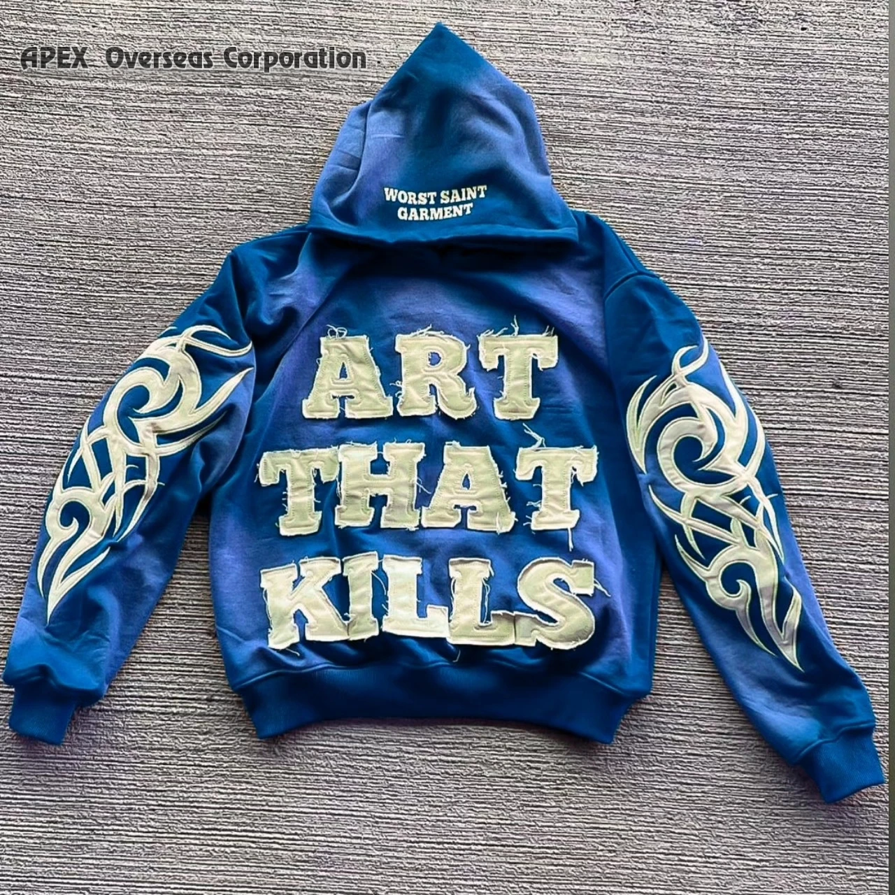 Distressed Embroidery Patch Sweatsuit Streetwear Sweatpants And Hoodie Set Sun Faded Stone Acid Washed Men Tracksuit