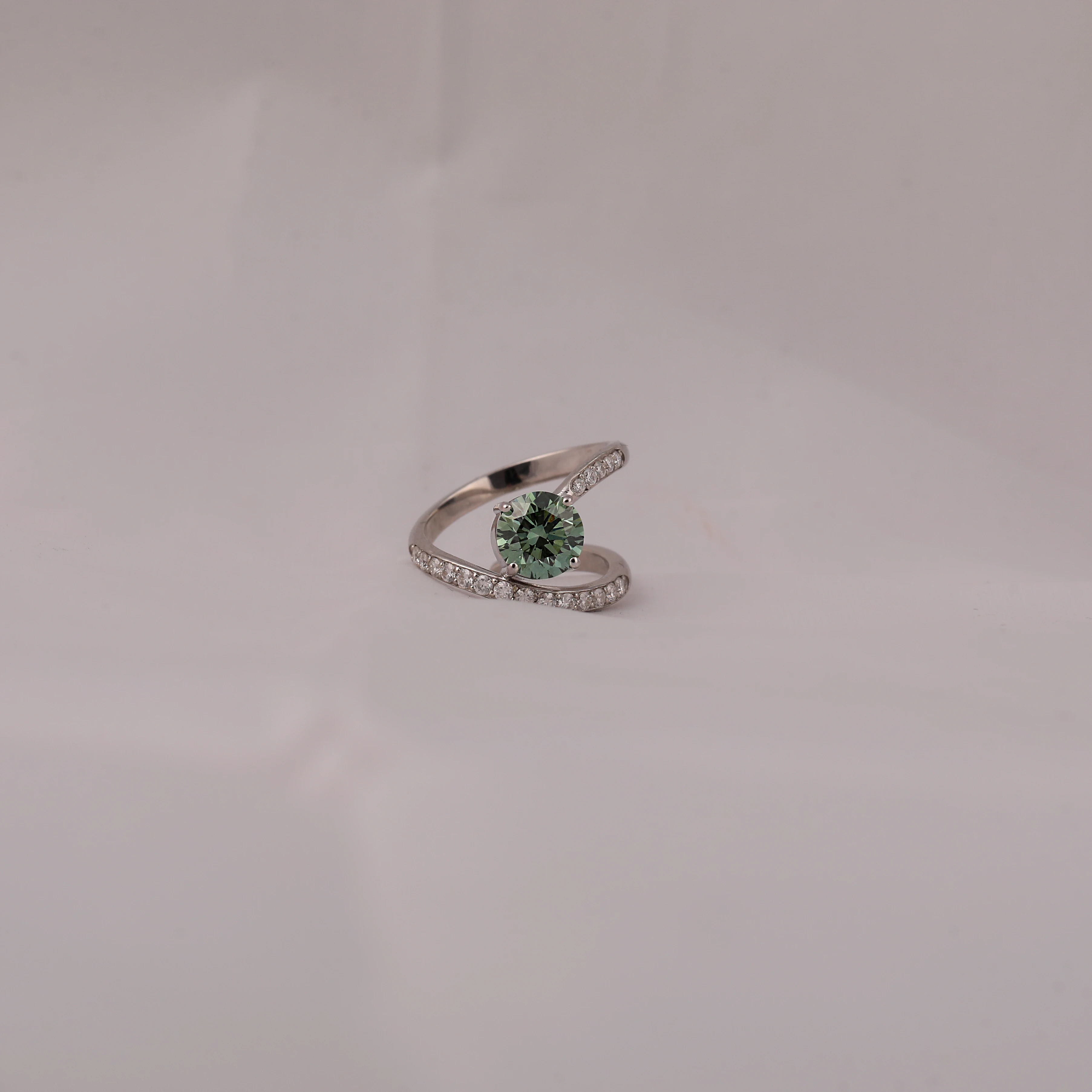 1.25 Carats Green Round Cut CVD Diamond Double Band Pave Ring with Tiny Round Lab Created Diamond Ring In 18 KT SOLID GOLD