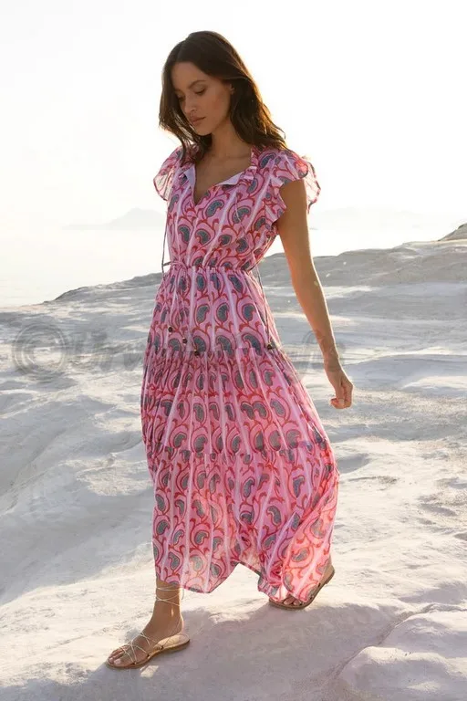 Made from a lightweight cotton voile Fully lined Pullover style Adjustable ties at the waist Flutter cap sleeves