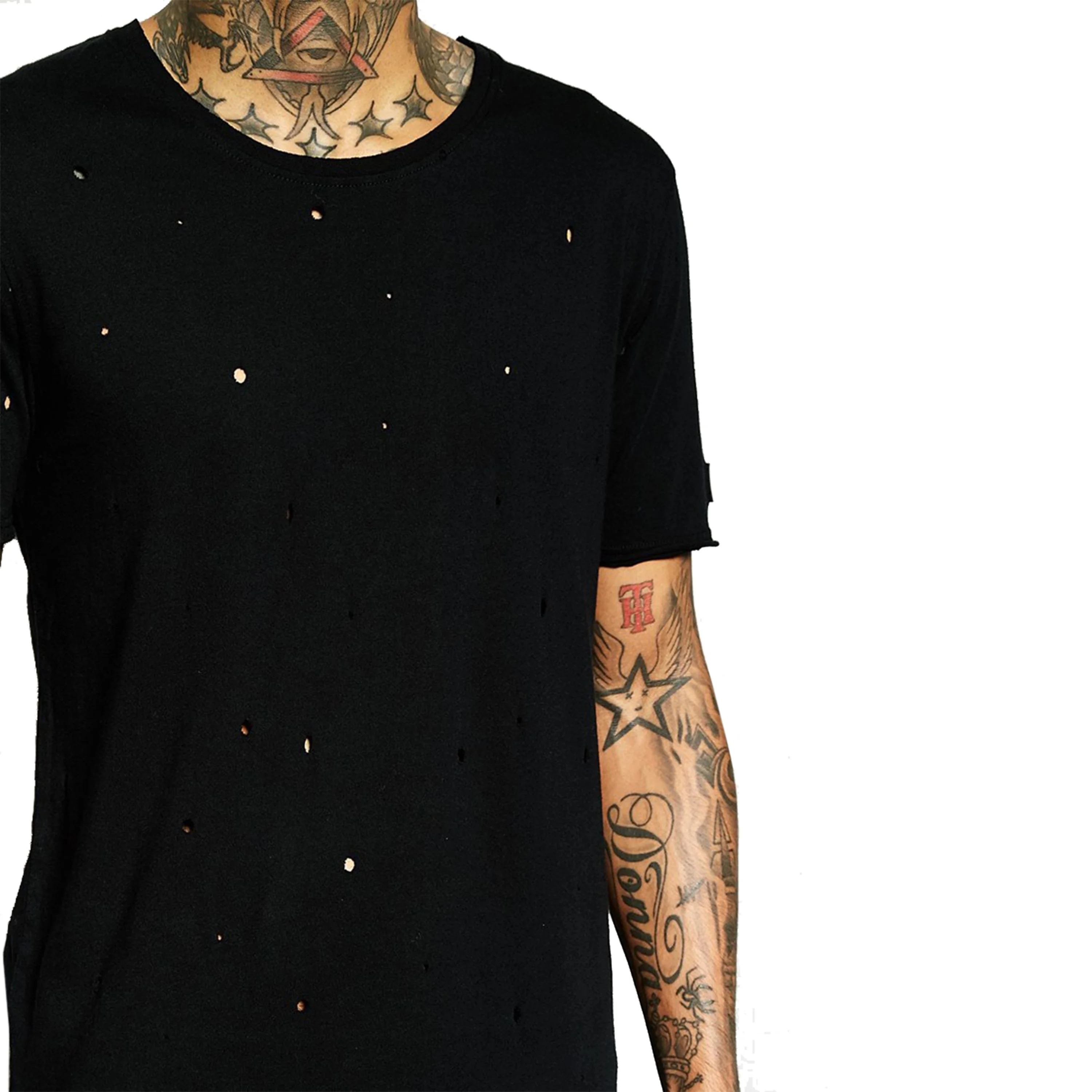 Customized regular fit baseball collar zip placket curved hem long line men t shirt with distressing embroidered tee