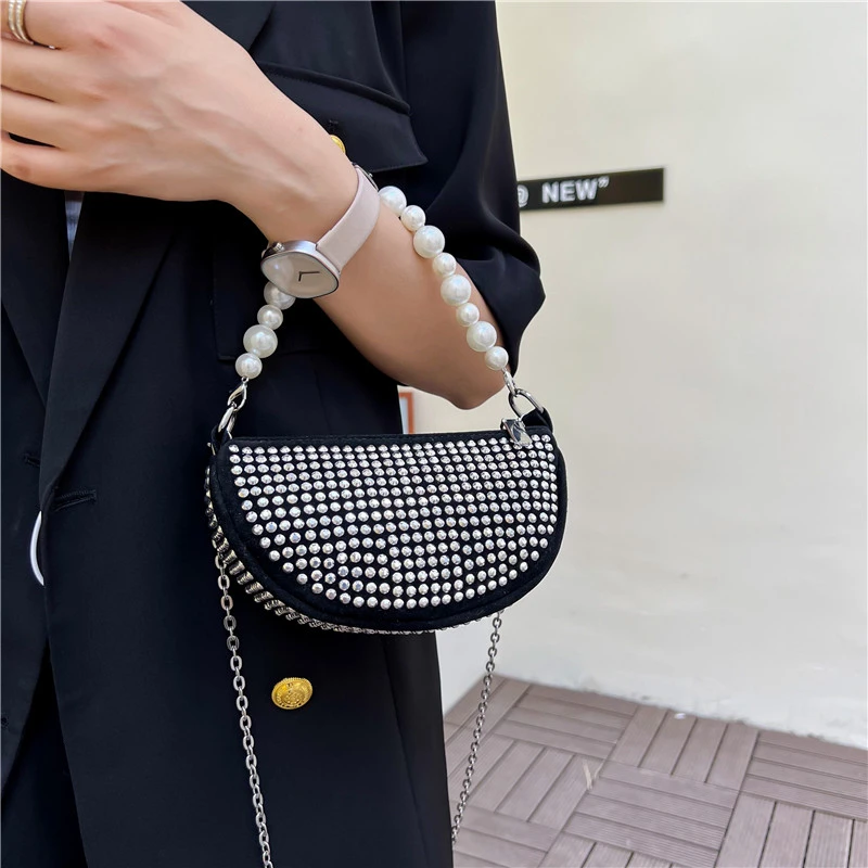 Fashion Beaded Glitter Bling Moon Shape Purse leather Girls Cute Diamond Rhinestone Shoulder Bag for women