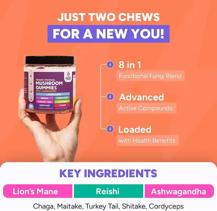 OEM Organic Mushroom Gummies Private label vegan Manufacturer wholesale for energy concentration gummy adults children elderlies