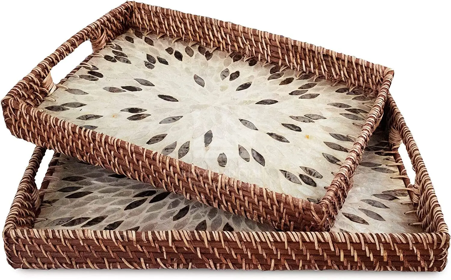 For Home Decor Table High Quality Logo Custom MOTHER OF PEARL RATTAN TRAYS (set of 2) Made In Vietnam