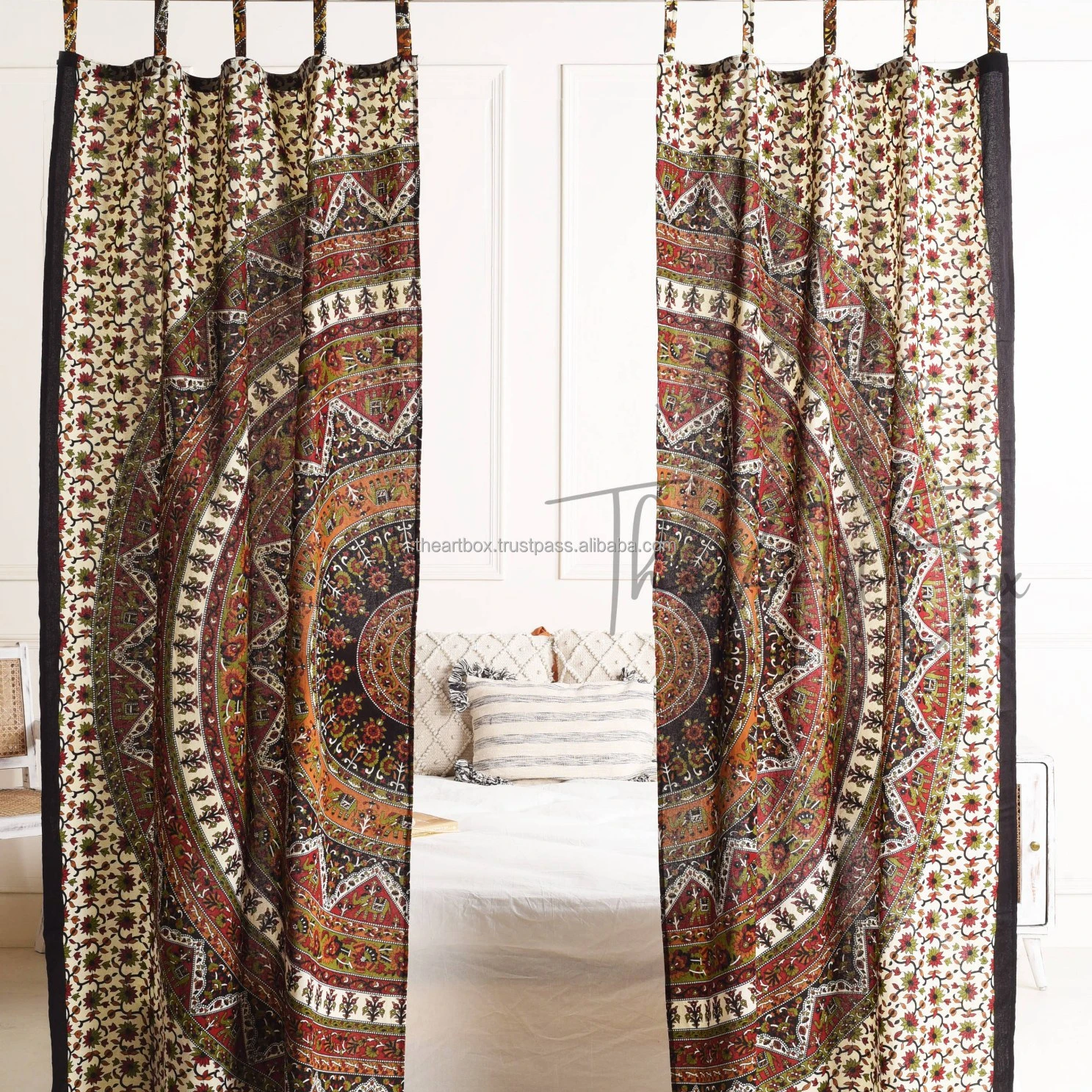 New Style Ethnic Wall Hanging Handmade Brown Curtain Indian Queen Cotton Mandala Room Door Divider Drapes Set Home Decor
