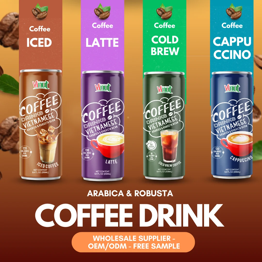 Wholesale Best Price Coffee Drink 250ml Arabica & Robusta Vietnam VINUT | Mocha Latte Cappuccino Iced, Free Sample, Free Design