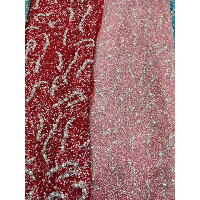 Fully Beads and Pearl Detailing Embroidered Designer Net Fabric for Women Western and Traditional Dress Evening Dress Fabric