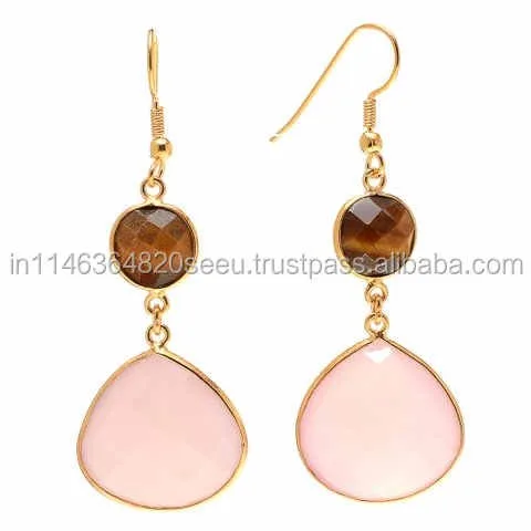 Stunning Handmade Tiger Eye and Pink Chalcedony Gemstone Earrings Fashionable a Bold and Elegant Statement Hook Earring