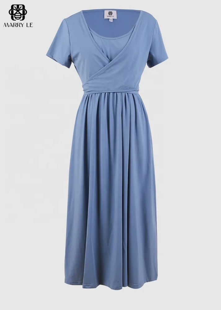 WRAP NURSING DRESS - DARK BLUE KNIT - MD429 A versatile wrap breastfeeding dress style with soft breathable fabric