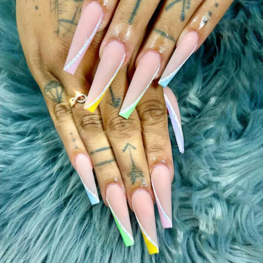 Factory outlet new arrival ballet crystals false nail tips french fake nails coffin long wholesale press on nails