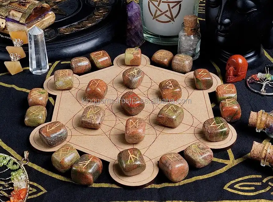 BEST HEALING STONE CRYSTAL UNAKITE RUNE SETS HEALING CRYSTALS 25 PIECES ENGRAVED TUMBLE RUNE UNAKITE STONES HEALING  RUNE SET