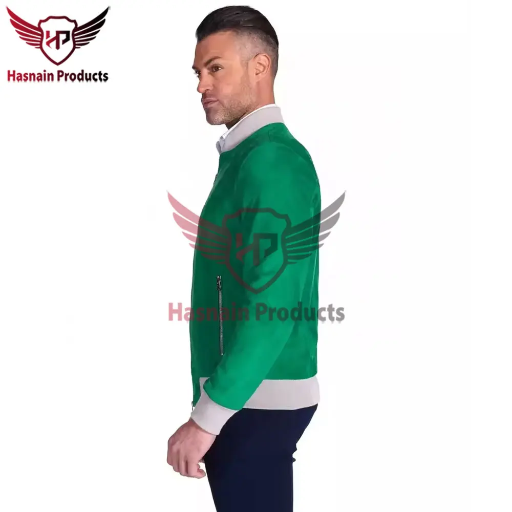 Custom Logo Plain Embroidery Green Suede Leather Pilot Bomber Jacket for Men Custom logo jacket Embroidered suede coat