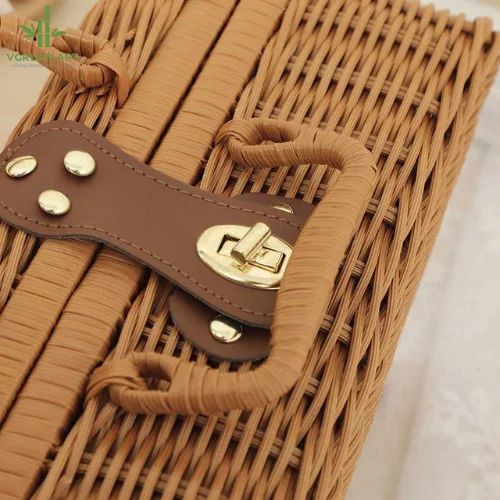 Hot Selling Vintage Rattan Suitcase Unisex Handbag Storage Box Open Closure Cross-Shape Leather PU Lining Composite Bag Style