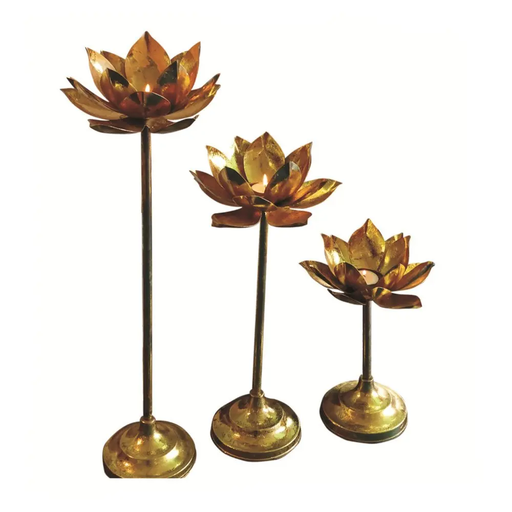 Lotus candle holder set of 3 golden tealight holders tall candle stands metal candle holders suppliers India