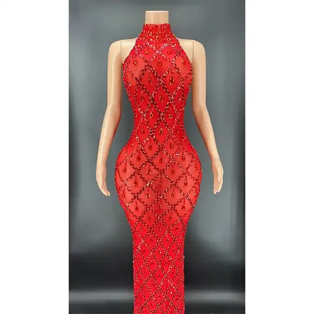 Rhinestone See Through Mesh Fishnet Hollow Out Split Bikini Swimsuits Sleeveless Cover Up Beach Dress