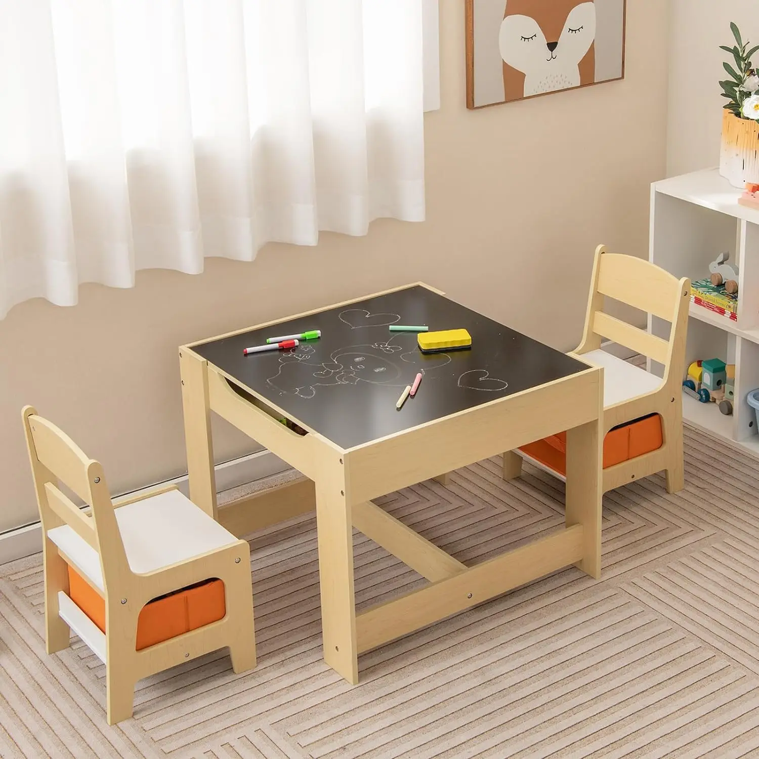 Wholesale Montessori Sensory Table Set Wood Kids Table Chair with White Board Blackboard 3-in-1 Activity Study Table Toddlers