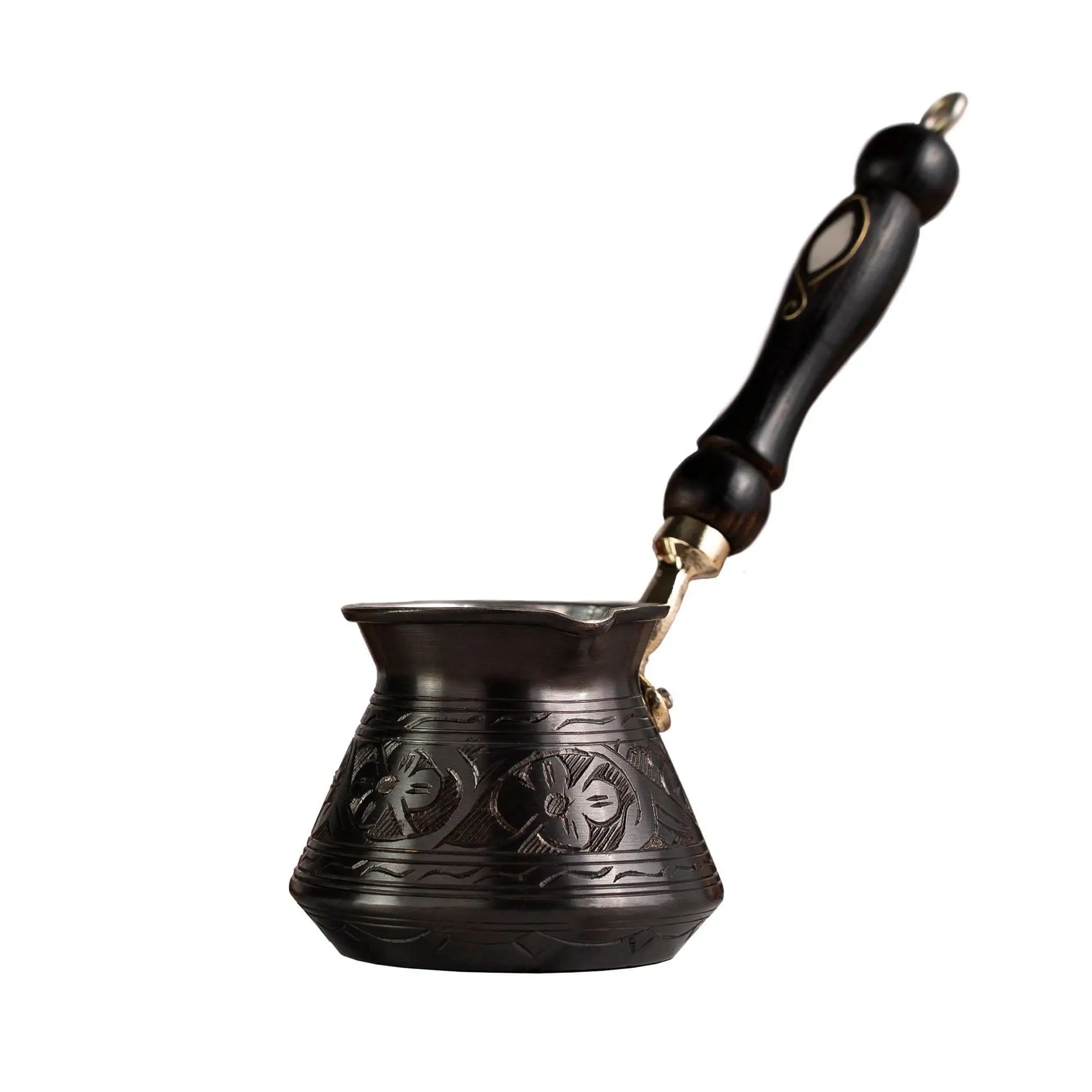 Handmade Solid Dark Copper Turkish Coffee Pot with Wooden Handle Authentic Copper Coffee Maker for Traditional Brewing