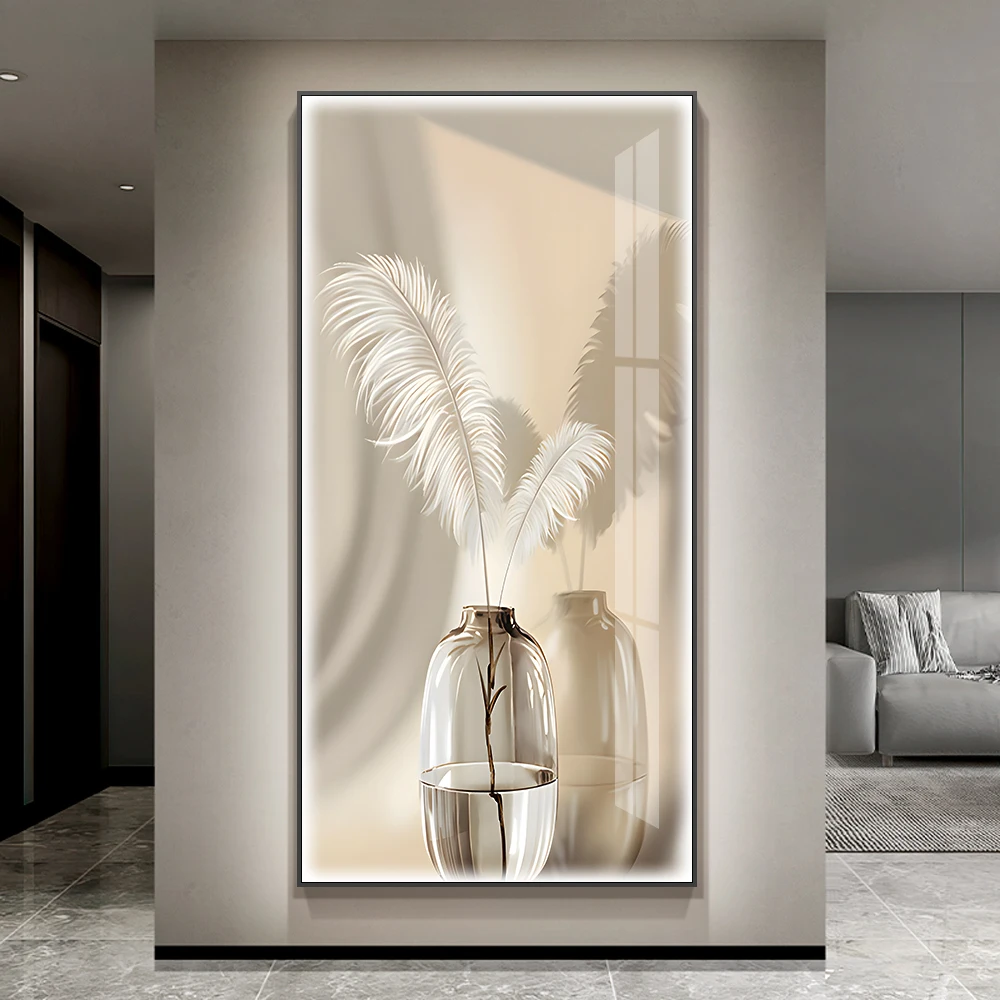 Luxury Home decor HD Canvas painting White feather crystal porcelain wall art with LED lights hanging paintings