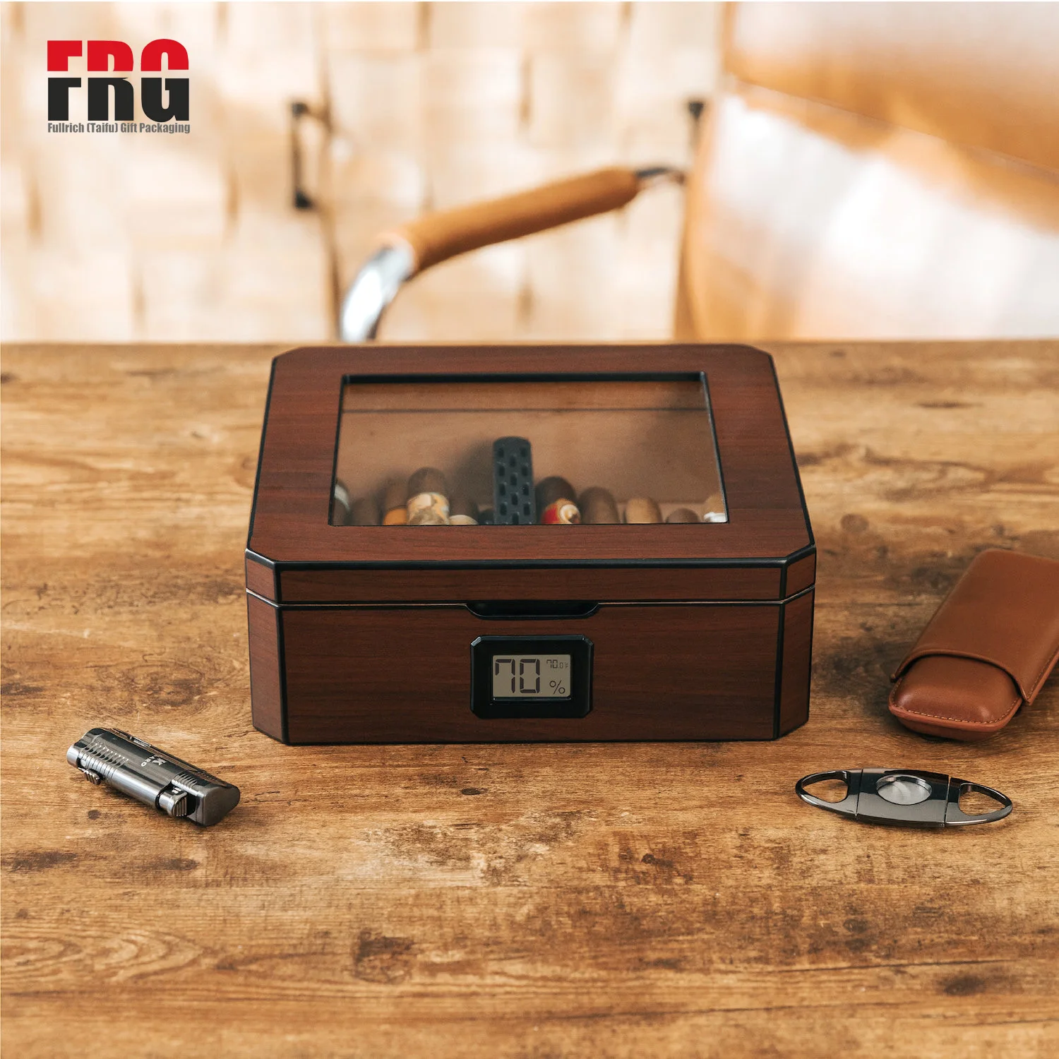 Walnut  Desktop Humidor Holds 20-30 Cigars Glass Top with Magnetic Seal Octagon shape Spanish Cedar Includes Humidor