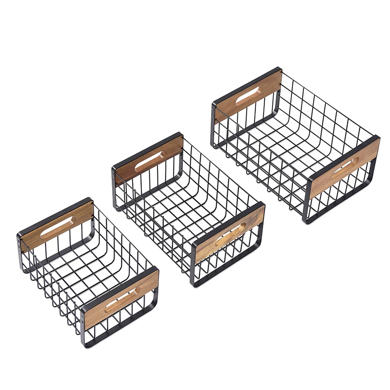 WIREKING New Design 3 Size Stable Metal and MDF Storage Basket Seasoning Bottle Holder with Handle