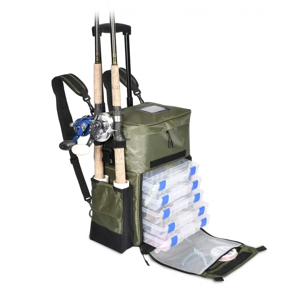 Large Waterproof Fishing Backpack with Rod Holders Storage Bag on Wheels Roller Fishing Tackle Box Protective Rain Cover