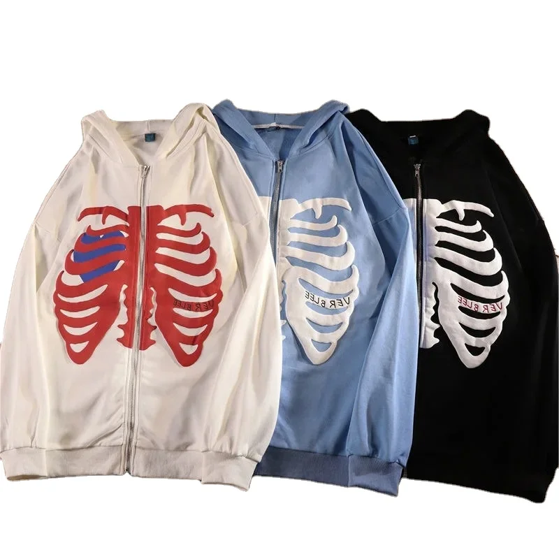 Skeleton Print Hoodies Men Women Skulls Hooded Jacket Zip Up Sweatshirts Fashion Streetwear Long Sleeve